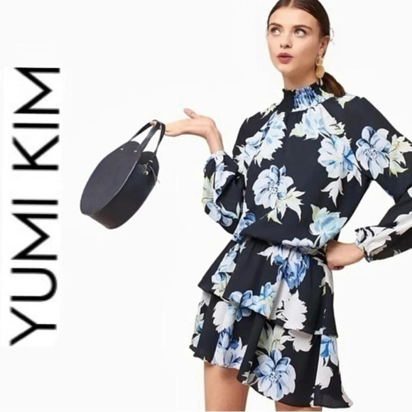 Yumi Kim Class Act Floral Mock Neck Keyhole Back Tiered Long Sleeve Dress Small - Picture 3 of 16